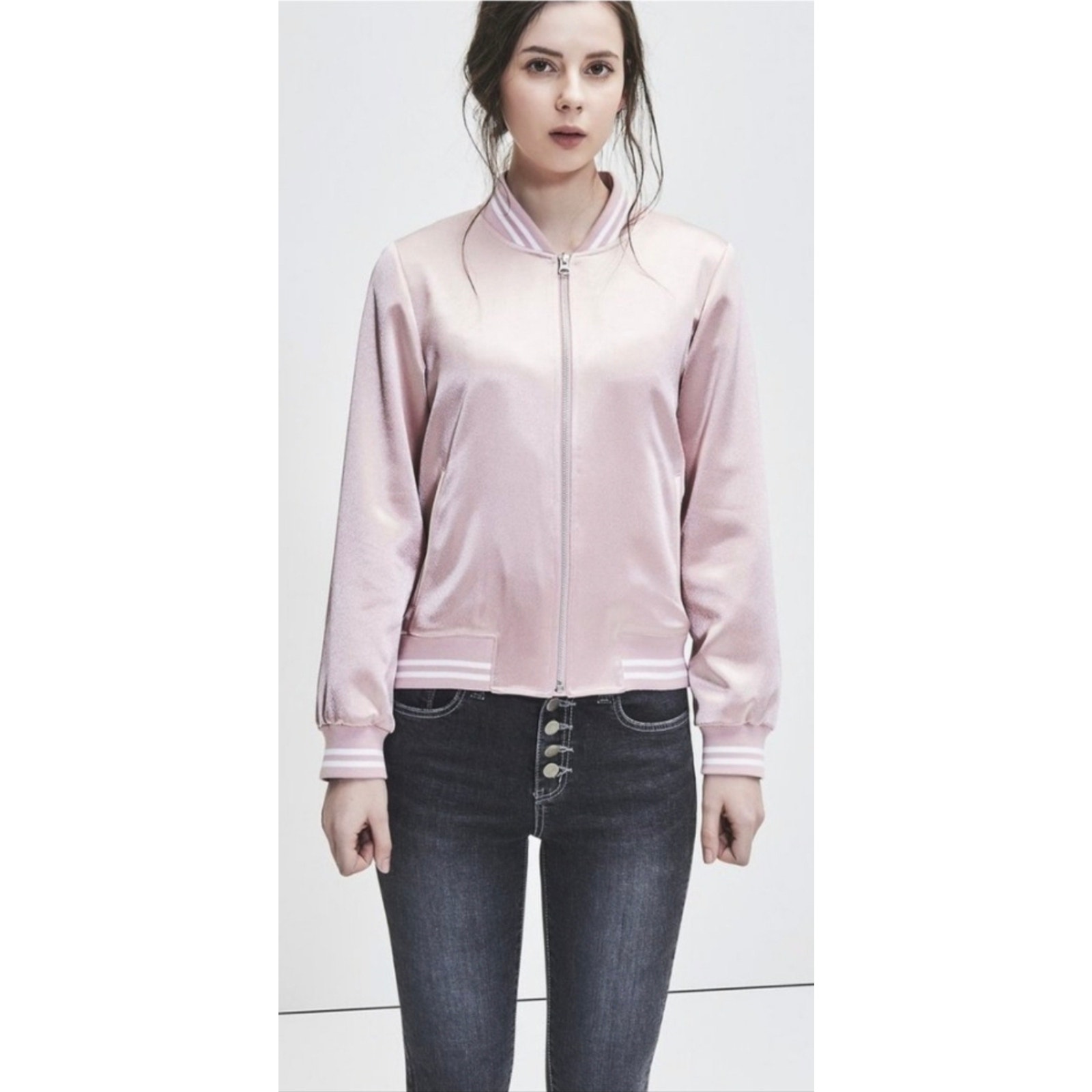 Blanc & Eclare Brooke Pink Satin-Like Bomber Jacket Striped Ribbed Trim Size 1
